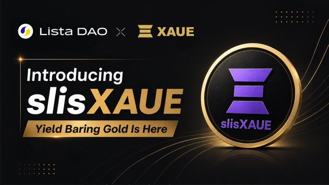 The image features a black background with gold text that reads "Introducing SlisXAUE" followed by "Yield Barre Gold Is Here". The text also mentions that the coin is powered by @Xaue_Protocol, which is a protocol for mining and distributing coins in the cryptocurrency world. The post suggests that users can deposit $XAUt into the coin and earn yields within 7 business days.