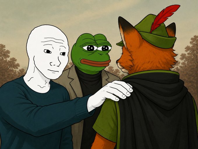 Illustration combining meme culture references showing a Wojak-style figure touching the shoulder of a fox wearing a green Robin Hood hat with a red feather, while a Pepe the Frog character stands in the background.