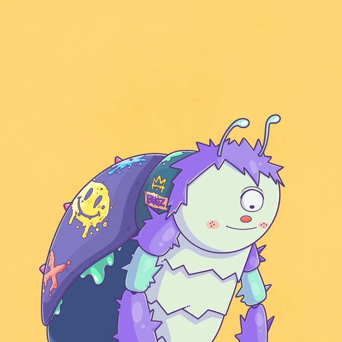 A cartoon illustration of a smiling caterpillar-like creature with purple spiky fur, antennae, and a colorful shell with stickers on a yellow background.