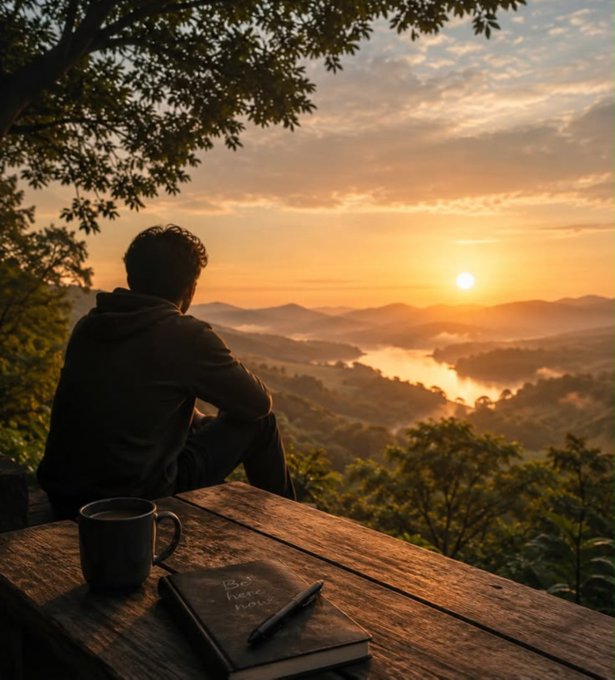 A person sits at a wooden table overlooking a sunset over a misty mountain landscape, with a coffee mug and a notebook that reads 'Be here now' on the table.