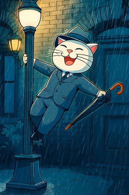 A cartoon cat dressed in a blue suit and fedora joyfully sings in the rain while clinging to a lit streetlamp and holding an umbrella.