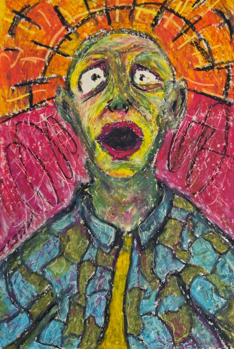 A vibrant, expressive painting depicts a green-faced figure with wide eyes and an open mouth, surrounded by an orange halo-like pattern against a pink background.