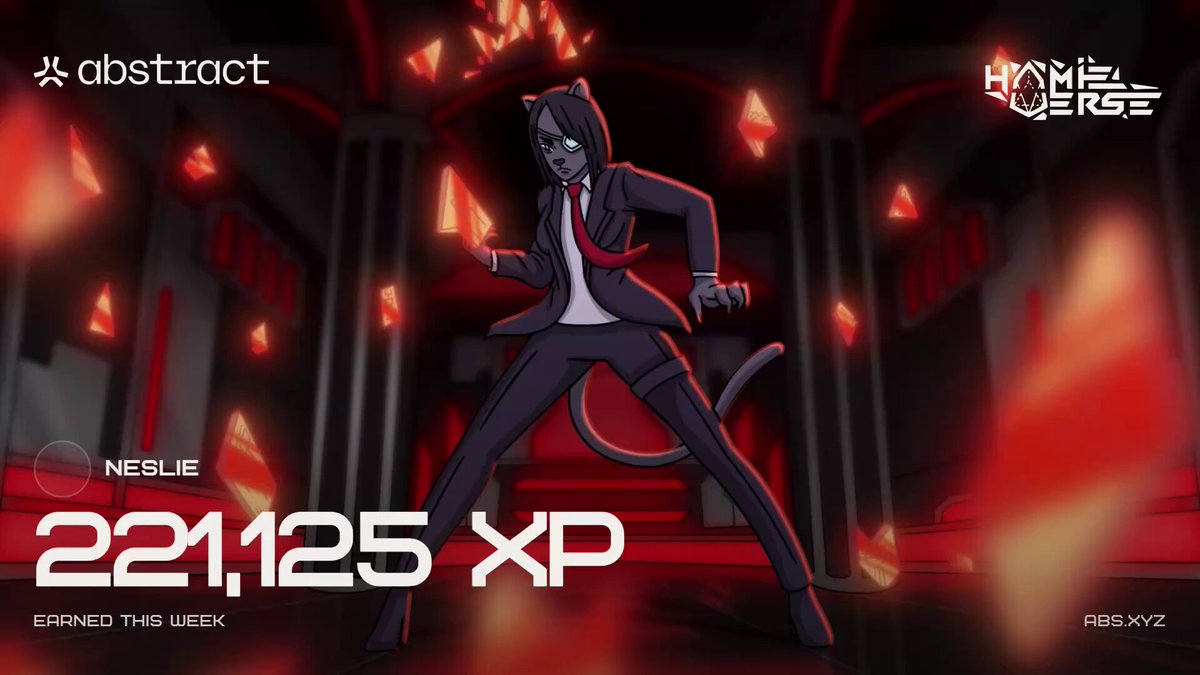 The image features a cartoon character with a cat's face wearing a suit and tie standing in front of a red brick wall. The character appears to be holding a sword, which adds an element of action to the scene. The background of the image is filled with red lights, creating a vibrant atmosphere. In the bottom right corner of the image, there is text that reads "happy XP day on @AbstractChain 221,125 XP this week just enjoying the apps on Abstract and having fun while stacking XP naturally love seeing the progress every week still active, still exploring, still grinding for bigger numbers @hamieverse xp card looks good".