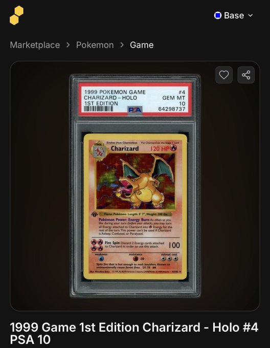 A PSA 10 graded 1999 Pokemon Game 1st Edition Charizard Holo #4 trading card is listed on a marketplace, with text '1999 Game 1st Edition Charizard - Holo #4 PSA 10' below it.