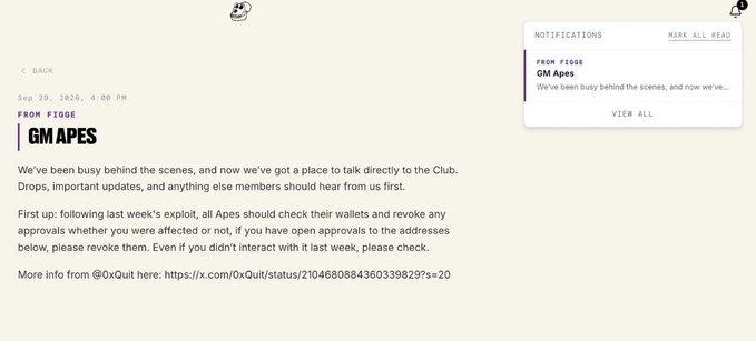 An email from FIGGE titled 'GM Apes', notifying members of a new communication channel and advising them to revoke token approvals as a security precaution.
