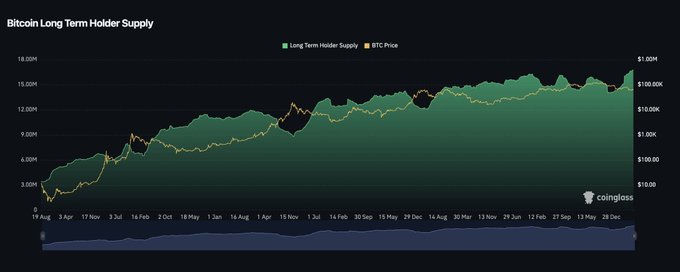 A Coinglass chart titled "Bitcoin Long Term Holder Supply" shows the green Long-Term Holder Supply metric climbing to a new peak near 15M BTC, with BTC Price overlaid ranging from $10K to over $100K from August to late December, visually confirming the post's claim of a new all-time high in long-term holder supply.