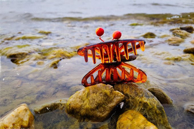 A translucent red hair clip rests on a cluster of wet rocks at the edge of rippling water.