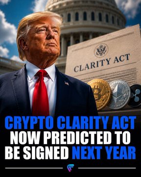 This image features Donald Trump in front of the U.S. Capitol building and a document titled "CLARITY ACT," with text stating "CRYPTO CLARITY ACT NOW PREDICTED TO BE SIGNED NEXT YEAR" overlaid near cryptocurrency coins. The image visually illustrates the post's topic by linking political leadership and legislation to the potential upcoming regulation of digital assets like XRP and Bitcoin.