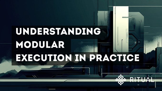 The image shows a graphic of a building with multiple levels, which appears to be a representation of modular execution. The text "Understanding modular execution in practice" is written above the building, indicating that this visual representation is meant to explain the concept of modular execution. The image also includes a caption that reads "Ritual testnet shows how modular execution behaves in practice. Scheduled transactions Trigger compute across time. Inference Runs inside contract flow. Verification Controls state updates. Not faster execution. Different execution semantics." This text provides additional context and elaborates on the visual representation, helping to clarify the concept of modular execution.