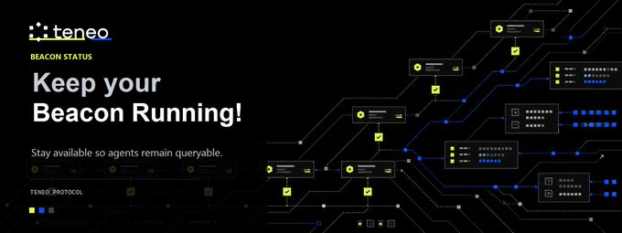 The image shows a Teneo Beacon Status promotional graphic with the headline "Keep your Beacon Running!" and the tagline "Stay available so agents remain queryable," set against a dark background featuring an illustrated network diagram of connected servers and data nodes. The graphic visually reinforces the accompanying post's message by emphasizing that unlike staking, the Teneo Beacon requires no capital lockup—users simply need to keep their Beacon active and available to earn 10 Fragments per unique IP per hour.
