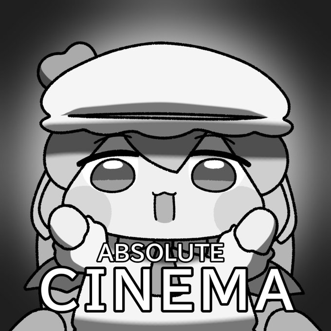 A grayscale anime-style chibi character with a smug expression and beret appears with the large text 'ABSOLUTE CINEMA' overlaid at the bottom.