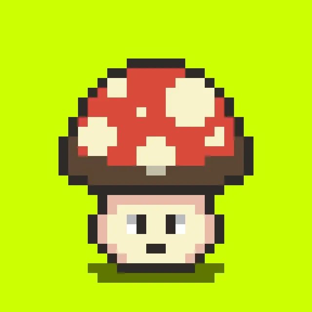 A pixel-art illustration of a cute mushroom character with a red and cream spotted cap and a small face on a beige stem, set against a bright green background.
