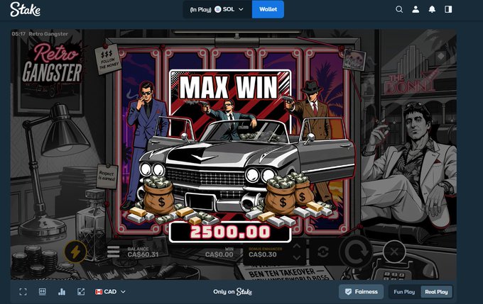 The image shows a Stake casino screenshot celebrating a "MAX WIN" of 2500.00 (CAS$60.30 win on a CAS$0.00 bet) on the "Retro Gangster" slot game by ValkyrieXStudio, visually matching the post about claiming a Monthly bonus and hitting a max win on that specific game.