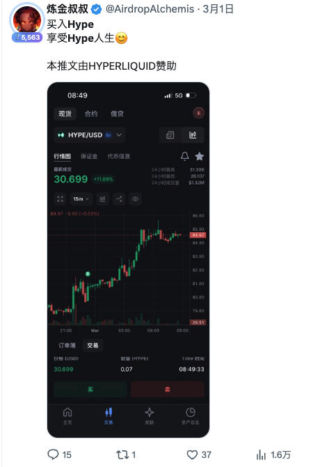 A tweet by 炼金叔叔 (@AirdropAlchemis) dated March 1st shows a phone screenshot of a trading app displaying the HYPE/USD chart at $30.699 (+11.89%), sponsored by HYPERLIQUID. The post references buying HYPE at $30 in March and selling before it hit $40, with the caption humorously comparing the regret of selling early to the pain of missing an ex after a breakup.