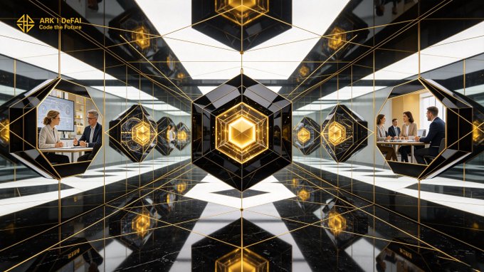 A futuristic black-and-gold geometric space with mirrored panels displays inset scenes of business teams collaborating, with "ARK | DeFAI" and "Code the Future" branding visible in the upper left corner. The image visually reinforces the post's message by framing human teamwork and AI integration within a sleek, interconnected hub—symbolizing how the Arkie AI App unites people, knowledge, and execution into one powerful workspace.