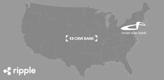 The image shows a map with the text "Cross River Bank" written above it, indicating that Cross River Bank is located across the river bank. The map also displays the names of other banks such as CBW, Arbitrum, Base, Canton, Ethereum, Polygon, Solana and XRP Community Trivia: 2 of the 5 participant banks are @Ripple Labs from Kansas&".
