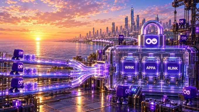 A vibrant futuristic cityscape at sunset showcases a glowing neon purple launchpad with three buttons labeled "WINK," "APPA," and "BLINK," surrounded by small purple robots with infinity-symbol eyes, visually representing the @longdotxyz ticker protection feature now live on dontblink, where new tickers are reserved for 48 hours to safeguard launches like WINK, APPA, and BLINK from being copied.