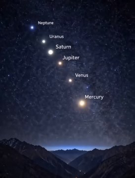 A night sky photograph showing six planets aligned in a row, labeled from top to bottom: Neptune, Uranus, Saturn, Jupiter, Venus, and Mercury, with a dark mountainous landscape in the foreground.