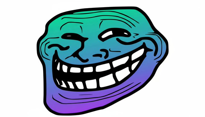 Classic 'Trollface' meme illustration depicting a grinning face rendered in a green-to-purple gradient.
