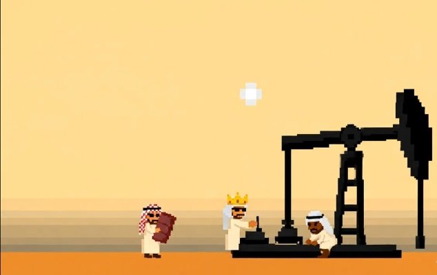 A pixel-art scene shows three figures in traditional Middle Eastern headwear near a black oil pumpjack against a desert backdrop, with one figure wearing a crown beside a thumbs-up emoji, visually referencing Saudi oil wealth in a post promoting "@TheSaudisNFT" collection.