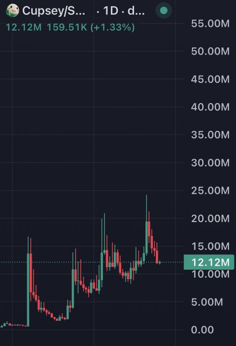 A candlestick chart on a cryptocurrency tracking platform showing the token "Cupsey/S..." priced at 12.12M with a 24-hour volume of 159.51K (+1.33%), displaying volatile price action over a 1-day timeframe.