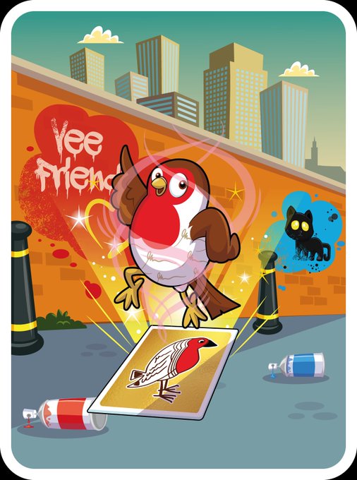 An illustrated app icon featuring a cartoon bird with a red chest standing on a card with a similar bird illustration, set against an urban graffiti background with 'YEE FRIENDS' text and a black cat silhouette.