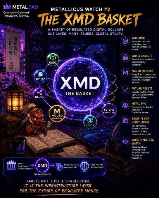 The image is a promotional infographic for MetalDAO's "METALLICUS WATCH #2: The XMD Basket," featuring a glowing central orb labeled "XMD – The Basket" surrounded by connected satellite icons representing regulated stablecoins (USDC, PYUSD, RLUSD, MGUSD, and USDP), with side panels explaining XMD's purpose as a basket layer for digital dollars offering diversification, MoneyGram integration, future asset support, and governance via Metal DAO. The accompanying post reinforces the infographic's central message that XMD is not merely a stablecoin but an infrastructure layer unifying multiple regulated dollar-issuers like USDC, PYUSD, RLUSD, and MGUSD under a single basket.