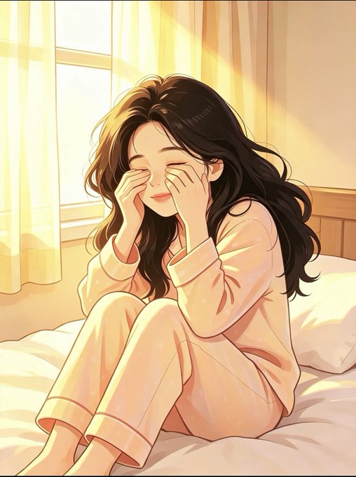 An anime-style illustration of a young woman with long dark hair sitting on a bed in warm pajamas, rubbing her eyes while sitting near a sunlit window.