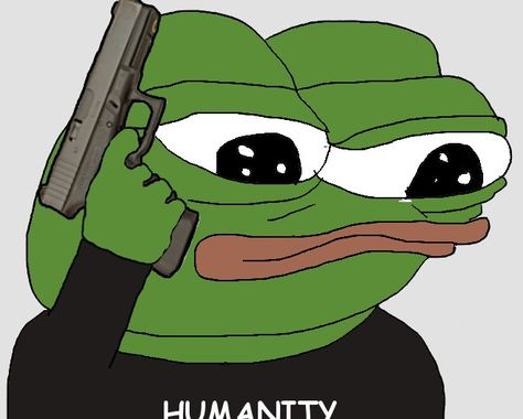 A sad Pepe the Frog meme holds a gun to his head with the word "HUMANITY" visible on his shirt, symbolizing despair and hopelessness. The image visually reinforces the post's grim warning about crypto losses, mirroring the sentiment of "Infinite Downside" and the bleak outlook on getting family and friends involved in cryptocurrency.