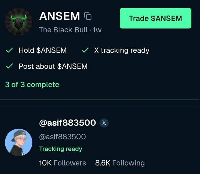 A screenshot showing $ANSEM token tasks completed (Hold $ANSEM, X tracking ready, Post about $ANSEM) with a 3 of 3 complete status, alongside an @asif883500 profile marked Tracking ready.