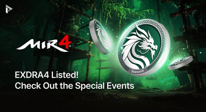 A promotional graphic for the game MIR4 featuring the logo 'MIR4', text 'EXDRA4 Listed! Check Out the Special Events', and three glowing green coins with a dragon emblem labeled 'Season 4'.