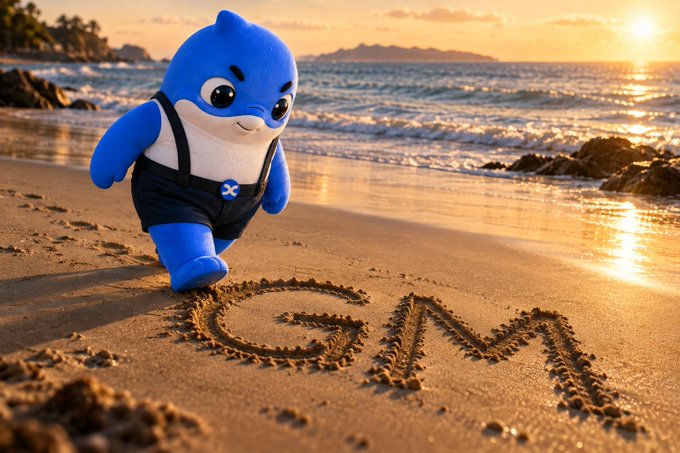 A blue cartoon mascot character wearing dark overalls walks on a sandy beach at sunset, with the letters 'GM' written in the sand.