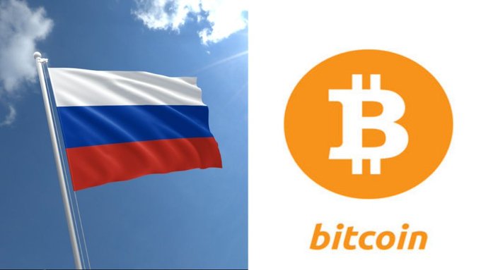 A split image showing the Russian flag waving against a blue sky on the left, and the orange Bitcoin logo with the word 'bitcoin' beneath it on the right.