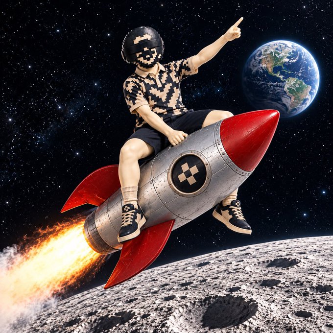 A surreal digital artwork of a person with a pixelated/voxel head riding a retro-style silver and red rocket through space, pointing toward Earth with the moon's surface visible below.