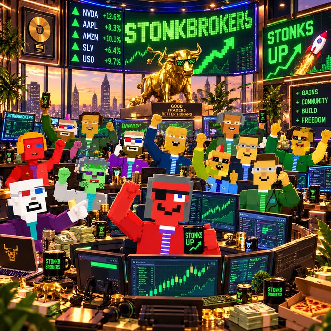 A vibrant, pixel-art style illustration of a chaotic trading floor with the text 'STONKBROKERS' and 'STONKS UP,' featuring blocky characters celebrating alongside stock tickers like NVDA, AAPL, and AMZN.
