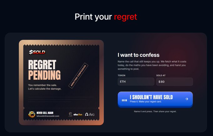 A webpage titled 'Print your regret' featuring a 'REGRET PENDING' digital card from 'Never Sell Again' with fields for ETH token and sold at $80 price.