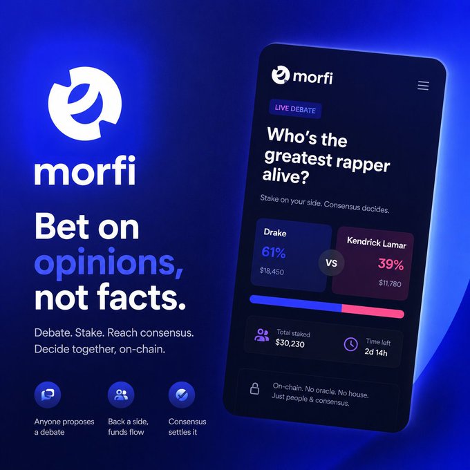 Promotional graphic for the 'morfi' app with tagline 'Bet on opinions, not facts,' showing a live debate 'Who's the greatest rapper alive?' with Drake at 61% ($18,450) vs Kendrick Lamar at 39% ($11,780), $30,230 total staked.