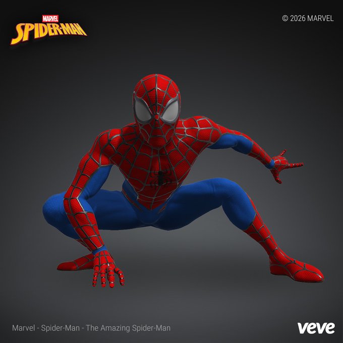 A 3D rendering of Spider-Man in a classic red and blue suit in a crouching pose against a dark background. Text includes 'MARVEL SPIDER-MAN', '© 2026 MARVEL', 'Marvel - Spider-Man - The Amazing Spider-Man', and 'veve'.