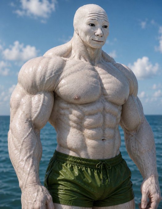 A surreal image of a muscular humanoid figure wearing a mask and green swim trunks, standing by the ocean.