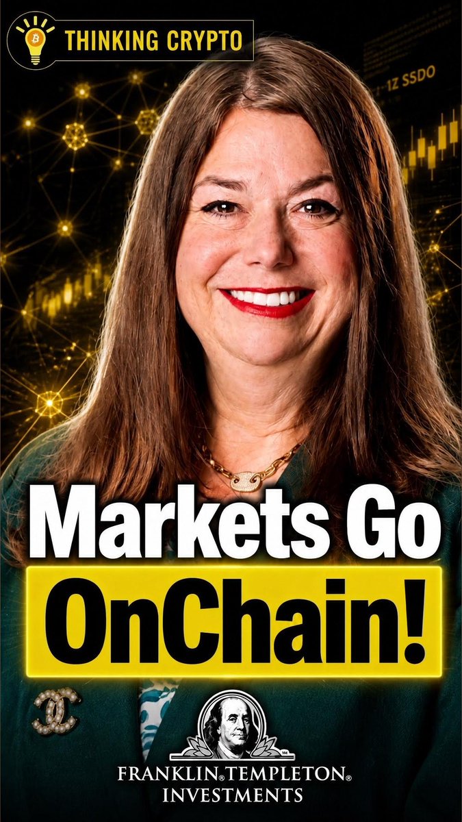 This image appears to be a YouTube thumbnail or social media graphic for "Thinking Crypto" featuring Sandy Kaul from Franklin Templeton, with bold text reading "Markets Go OnChain!" The Franklin Templeton Investments logo is displayed at the bottom, and the post likely relates to her discussing the firm's tokenization strategies for bringing real estate markets onto the blockchain.