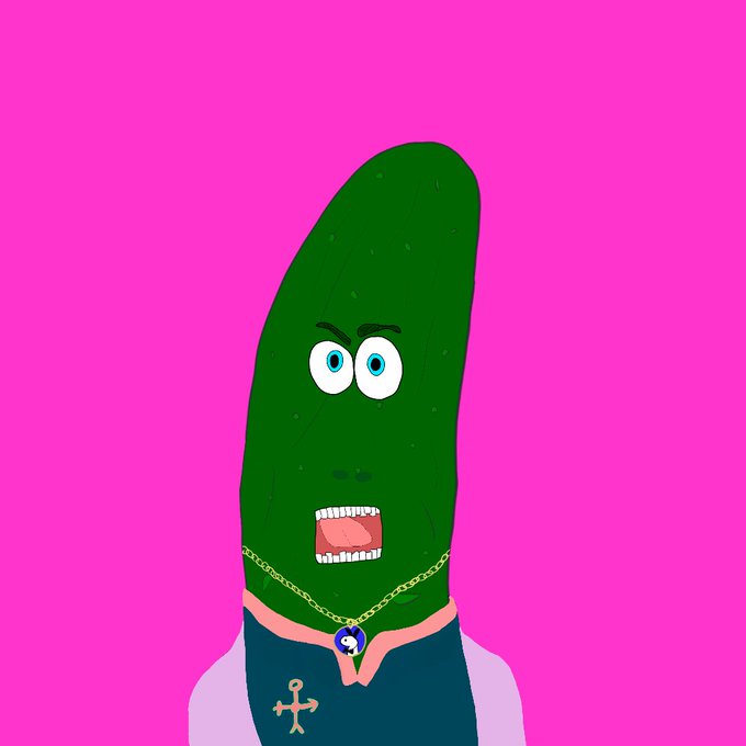 A cartoon character with an elongated green pickle-like head, wearing a gold chain with a pendant and a blue top with a cross design, set against a bright pink background.