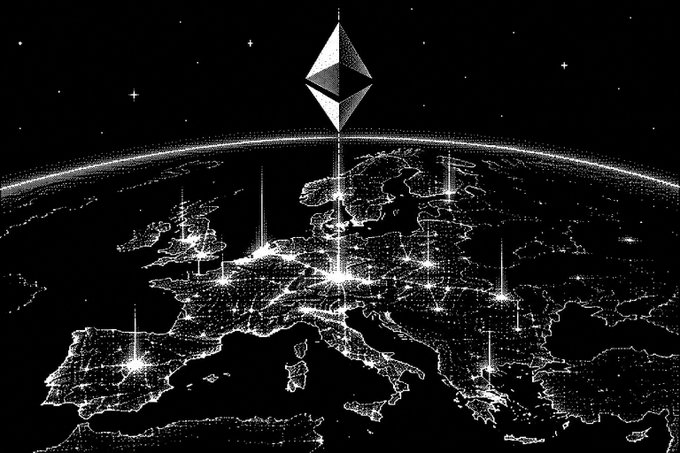 A stylized black-and-white digital illustration of Europe at night, depicted as a glowing network of city lights from space with a large Ethereum diamond logo suspended above.