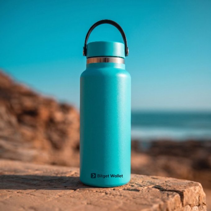 A turquoise “Bitget Wallet” water bottle stands on a rocky seaside ledge, echoing the post’s message that your wallet travels with you wherever you check in from. GM—what city are you using Bitget Wallet in today?