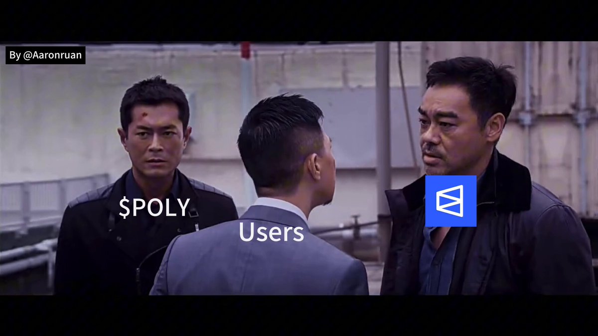 The image features three men standing next to each other with their backs facing the camera. The man on the left has his back turned towards the camera while the two men on the right face the camera directly. In front of them, there's a sign that says "POLY USERS". This suggests that they are discussing or reviewing something related to Polymarket, possibly an event or product launch.