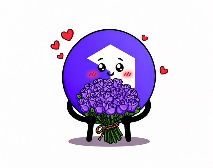 A cute cartoon crypto coin character with a diamond logo holds a bouquet of purple roses surrounded by floating hearts.