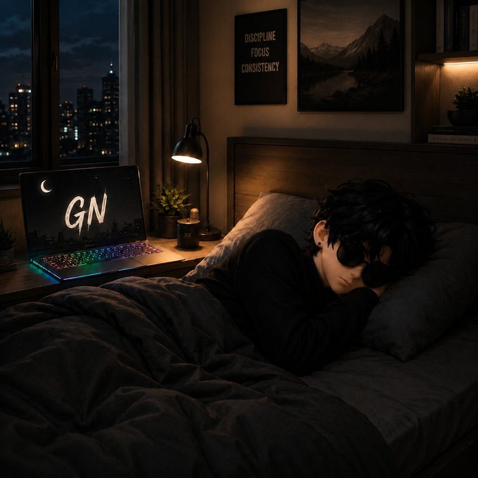 An anime-style illustration of a person with dark hair wearing a sleep mask lying in bed at night, with a laptop displaying "GN" on the desk.