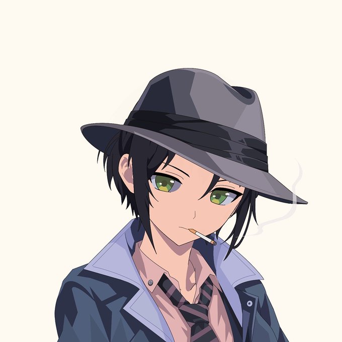 An anime-style illustration of a character with dark hair, green eyes, and a fedora hat, casually smoking a cigarette. The image accompanies a "gm" (good morning) crypto post inviting followers to play on @tokesuworld, with the character's cool, laid-back demeanor fitting the casual, on-brand aesthetic of the tweet.