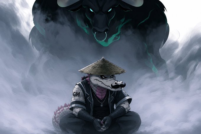 An anime-style illustration depicts a humanoid crocodile wearing a straw hat and vest sitting in clouds, with a giant spectral panther-like spirit looming behind it.