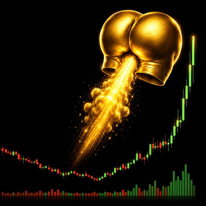 A digital illustration showing golden boxing gloves with golden powder/dust spraying out, set against a dark background with green and red candlestick chart bars and trading volume indicators.