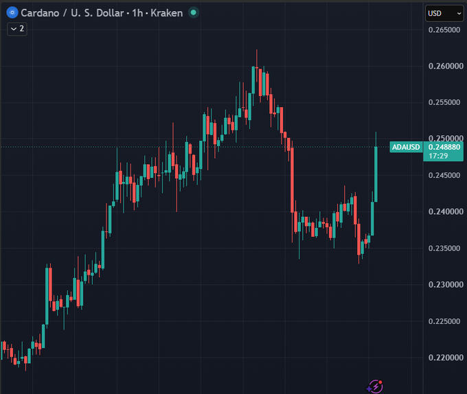 A 1-hour candlestick chart of Cardano (ADA/USD) on Kraken shows the price recovering sharply to $0.248880 (up 17.29%), bouncing from a low near $0.22 to recent highs around $0.26, supporting the optimistic sentiment that "Time for $ADA to run again?"